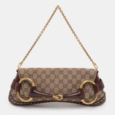 Pre-owned Gucci Beige/burgundy Gg Canvas And Leather Horsebit Clutch