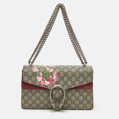 Pre-owned Gucci Beige/burgundy Gg Supreme Canvas And Suede Dionysus Blooms Shoulder Bag