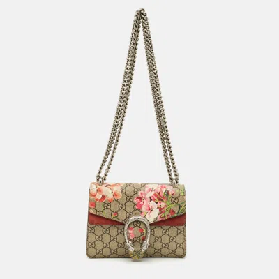 Pre-owned Gucci Beige/burgundy Gg Supreme Canvas Blooms Mini Dionysus Shoulder Bag In Sand