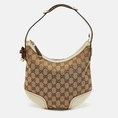 Pre-owned Gucci Beige/cream Gg Canvas And Leather Princy Hobo In Sand