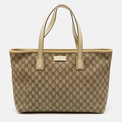 Pre-owned Gucci Beige/cream Gg Supreme Canvas And Leather Tote In Sand