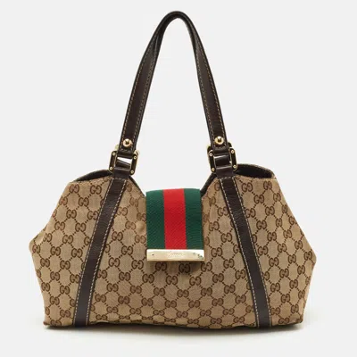 Pre-owned Gucci Beige/dark Brown Gg Canvas And Leather New Ladies Web Tote