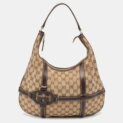 Pre-owned Gucci Beige/ebony Gg Canvas And Leather Royal Hobo