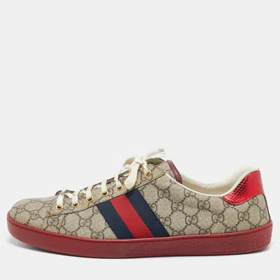 Pre-owned Gucci Beige/ebony Gg Supreme Canvas Ace Sneakers Size 45 In Sand
