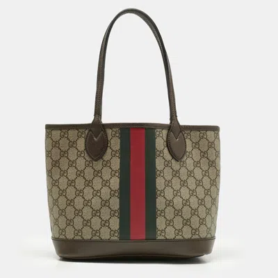 Pre-owned Gucci Beige/ebony Gg Supreme Canvas And Leather Small Ophidia Tote In Sand