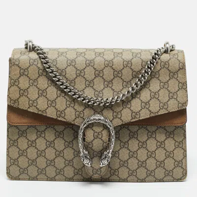 Pre-owned Gucci Beige/ebony Gg Supreme Canvas And Suede Medium Dionysus Shoulder Bag In Sand