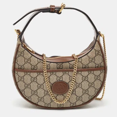 Pre-owned Gucci Beige/ebony Gg Supreme Canvas Mini Ophidia Shoulder Bag In Sand