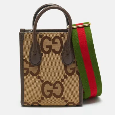 Pre-owned Gucci Beige/ebony Jumbo Gg Canvas And Leather Mini Vertical Tote In Sand