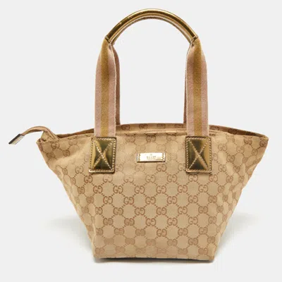 Pre-owned Gucci Beige/gold Gg Canvas And Patent Leather Small Web Tote
