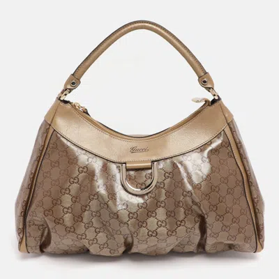 Pre-owned Gucci Beige/gold Gg Crystal Canvas Large D Ring Hobo In Silver