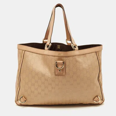 Pre-owned Gucci Beige/gold Gg Fabric And Leather Abbey D-ring Tote In Sand