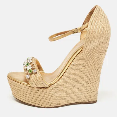 Pre-owned Gucci Beige/gold Jute And Leather Crystal Embellished Wedge Sandals Size 37.5
