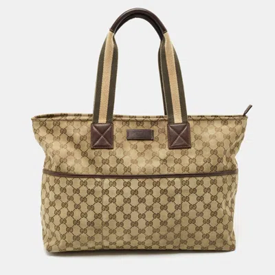 Pre-owned Gucci Beige/green Gg Canvas And Leather Diaper Tote