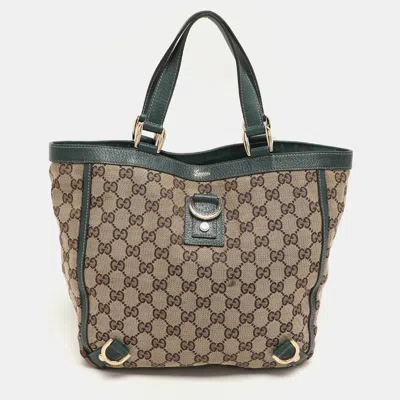 Pre-owned Gucci Beige/green Gg Canvas And Leather Medium Abbey Tote