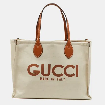 Pre-owned Gucci Beige/light Brown Canvas And Leather Logo Printed Medium Tote