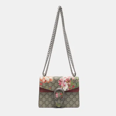 Pre-owned Gucci Beige/maroon Gg Supreme Blooms Canvas And Suede Mini Dionysus Shoulder Bag In Sand