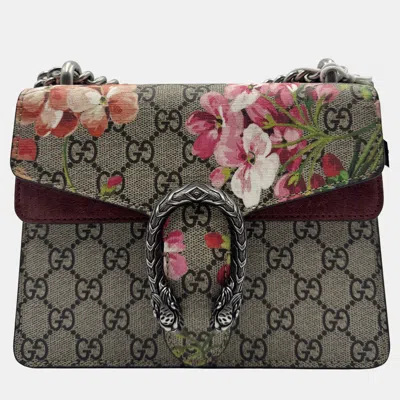 Pre-owned Gucci Beige/maroon Gg Supreme Blooms Canvas And Suede Mini Dionysus Shoulder Bag In Sand