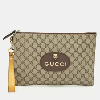 Pre-owned Gucci Beige/mustard Gg Supreme Canvas And Leather Tiger Head Wristlet Pouch In Sand