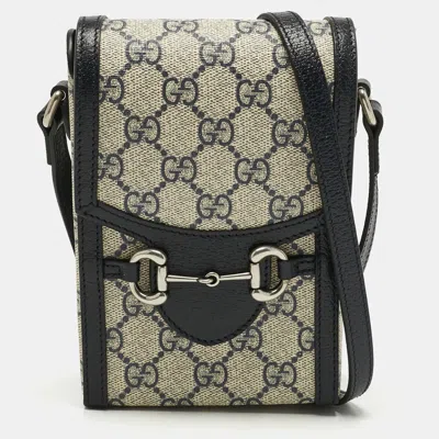 Pre-owned Gucci Beige/navy Blue Gg Supreme Canvas And Leather Mini Horsebit 1955 Bag In Sand