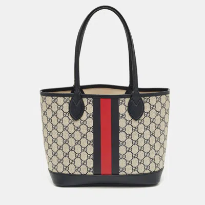 Pre-owned Gucci Beige/navy Blue Gg Supreme Canvas And Leather Small Ophidia Tote In Sand