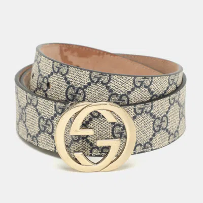 Pre-owned Gucci Beige/navy Blue Gg Supreme Canvas Gg Buckle Belt 85cm