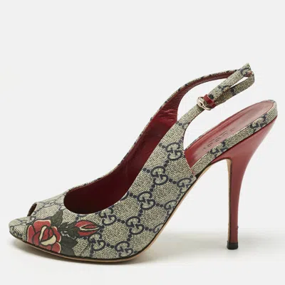 Pre-owned Gucci Beige/navy Blue Gg Supreme Canvas Heart Tattoo Peep Toe Slingback Sandals Size 39