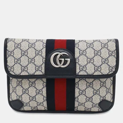 Pre-owned Gucci Beige/navy/red Supreme Leather Gg Supreme Ophidia Belt Bag