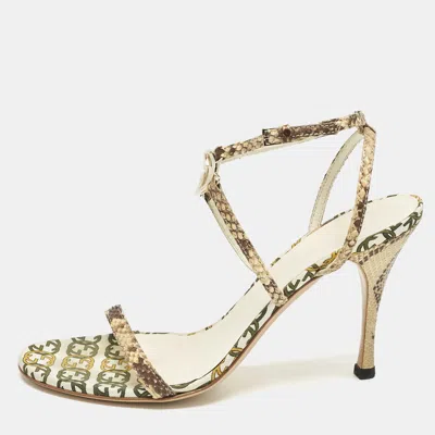 Pre-owned Gucci Beige/off White Canvas And Python Interlocking G Ankle Strap Sandals Size 38