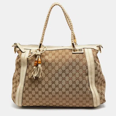 Pre-owned Gucci Beige/off White Gg Canvas And Leather Bella Tote