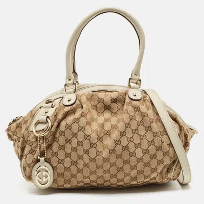 Pre-owned Gucci Beige/off White Gg Canvas And Leather Sukey Boston Bag