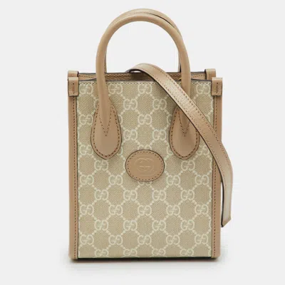 Pre-owned Gucci Beige/off White Gg Supreme Canvas And Leather Mini Tote In Sand