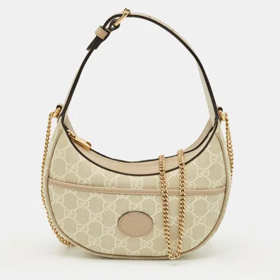 Pre-owned Gucci Beige/off White Gg Supreme Canvas Mini Half Moon Shoulder Bag In Sand