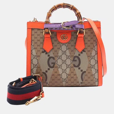 Pre-owned Gucci Beige/orange Small Gg Supreme Diana Satchel