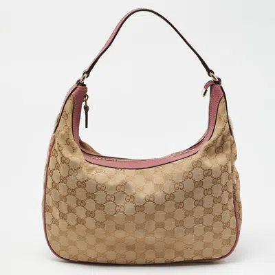 Pre-owned Gucci Beige/pink Gg Canvas And Leather Hobo