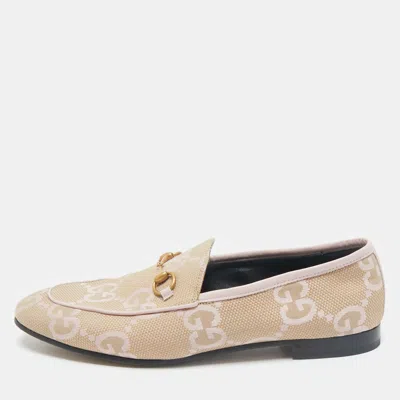 Pre-owned Gucci Beige/pink Gg Canvas And Leather Jordaan Horsebit Loafers Size 41