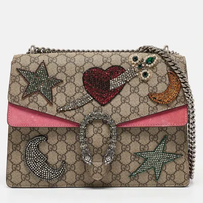 Pre-owned Gucci Beige/pink Gg Supreme Canvas And Suede Medium Crystals Embellished Dionysus Shoulder Bag
