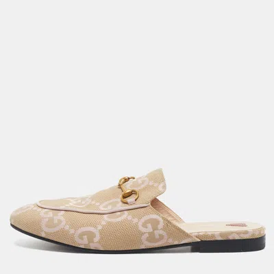 Pre-owned Gucci Beige/pink Leather Andcanvas Princetown Mules Size 39.5 In Sand