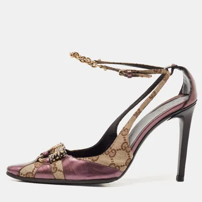 Pre-owned Gucci Beige/purple Gg Canvas And Leather Chain Detail Ankle Strap Pumps Size 39