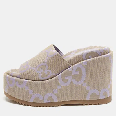 Pre-owned Gucci Beige/purple Jumbo Gg Canvas Platform Slide Sandals Size 35
