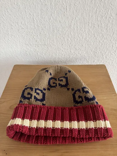 Pre-owned Gucci Beige/red Gg Beanie In Sand