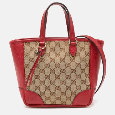 Pre-owned Gucci Beige/red Gg Canvas And Leather Small Bree Tote
