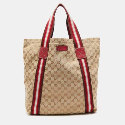 Pre-owned Gucci Beige/red Gg Canvas Web Shopper Tote