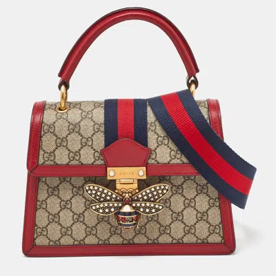 Pre-owned Gucci Beige/red Gg Supreme Canvas And Leather Small Queen Margaret Top Handle Bag In Sand