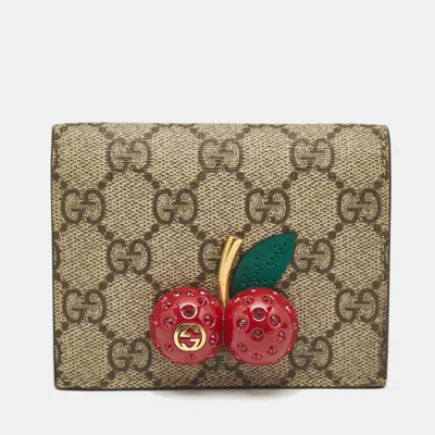 Pre-owned Gucci Beige/red Gg Supreme Coated Canvas Cherry Crystals Embellished Card Case