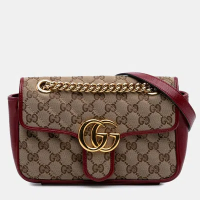 Pre-owned Gucci Beige/red Mini Gg Marmont Matelasse Canvas Flap Crossbody In Sand