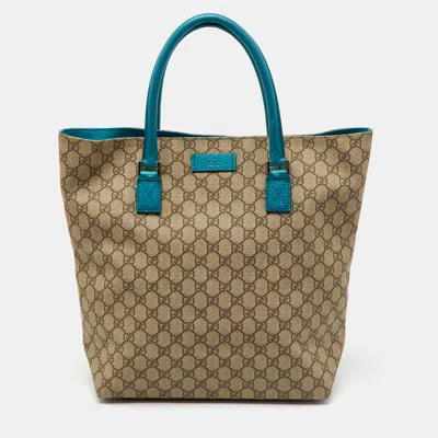 Pre-owned Gucci Beige/teal Blue Gg Supreme Canvas And Leather Vertical Tote