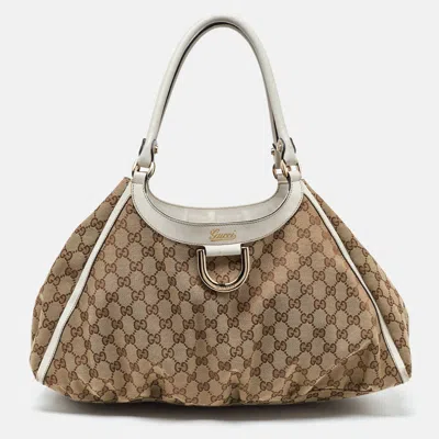 Pre-owned Gucci Beige/white Gg Canvas And Leather Large Abbey D Ring Shoulder Bag