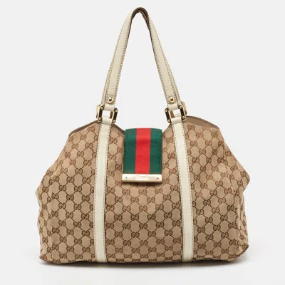 Pre-owned Gucci Beige/white Gg Canvas And Leather Large New Ladies Web Hobo