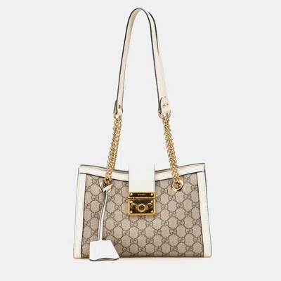Pre-owned Gucci Beige/white Small Gg Supreme Padlock Tote In Sand