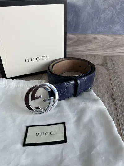 Pre-owned Gucci Belt Leather Gg Signature Monogram Interlocking Buckle In Dark Blue